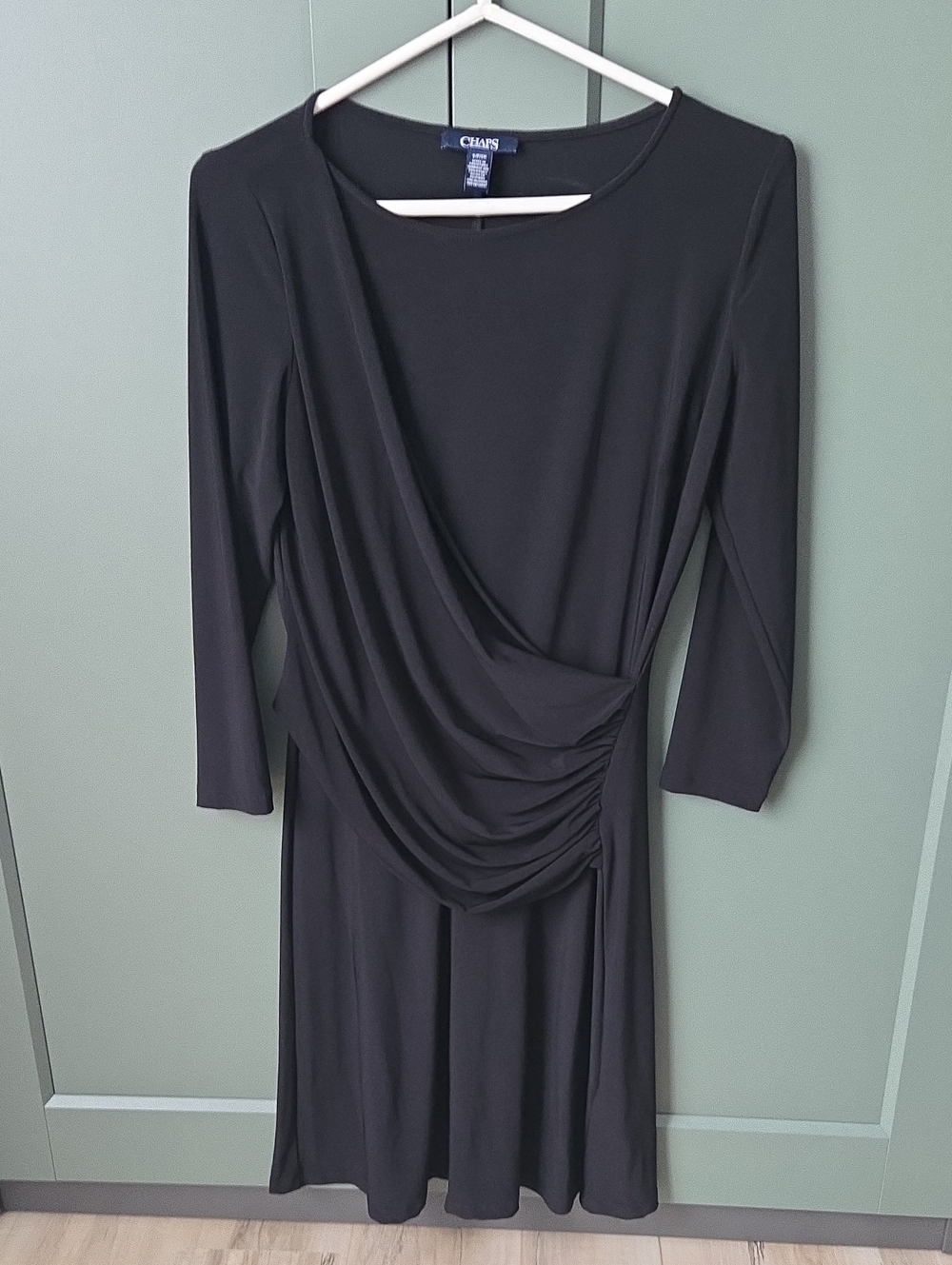 Chaps Black Draped Waist Long Sleeve Dress